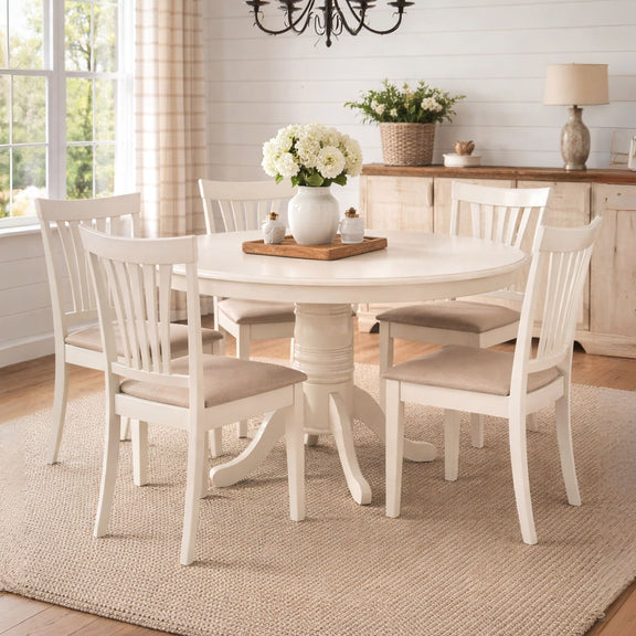 White dining set with round table and chairs in a bright room.