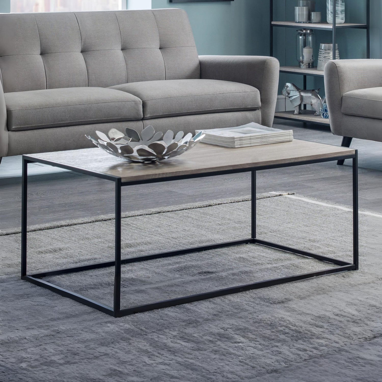 Modern living room with a gray sofa and coffee table.