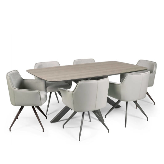 Dining table set with six gray chairs on a white background