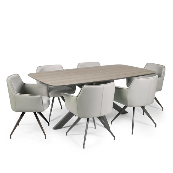 Dining table set with six gray chairs on a white background
