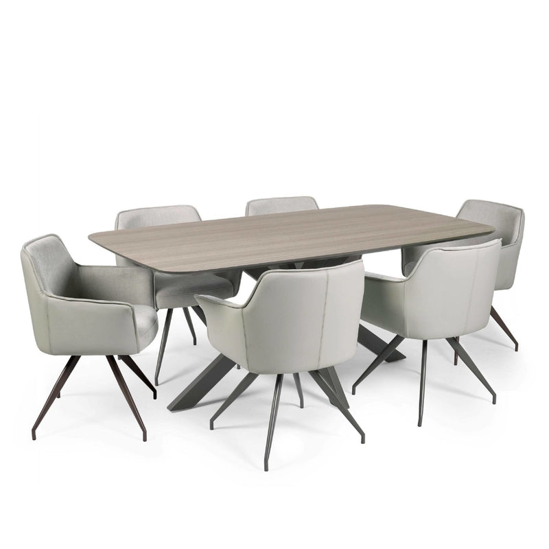 Dining table set with six gray chairs on a white background