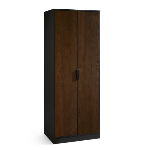 Dark wood cabinet with black base on a white background