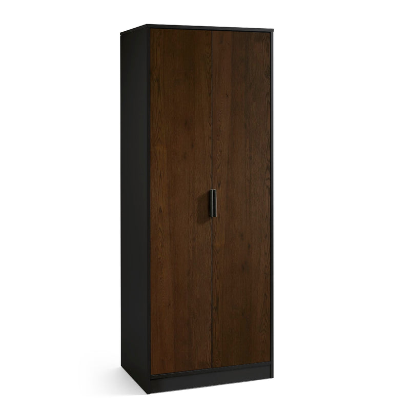 Dark wood cabinet with black base on a white background