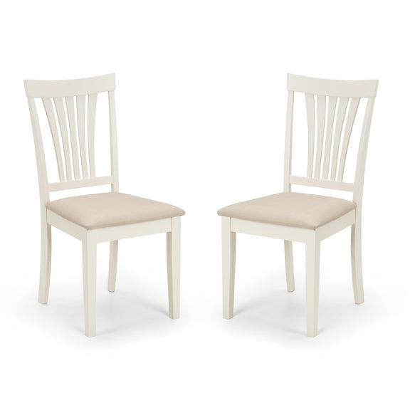 Two white chairs with beige seats on a white background