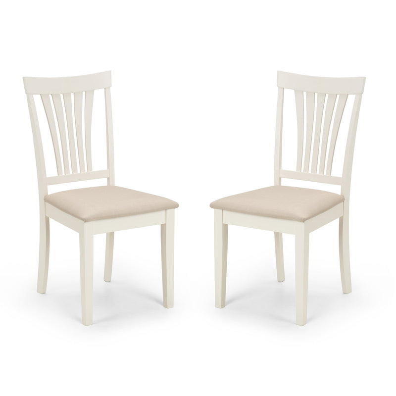 Two white chairs with beige seats on a white background