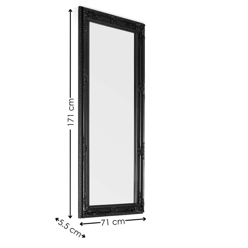 Black framed mirror with dimensions on a white background