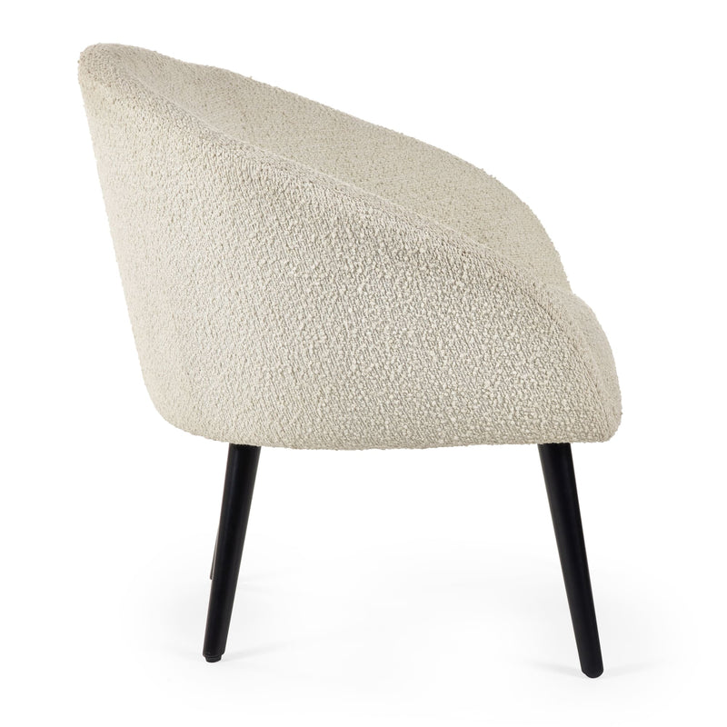 Beige textured chair with black legs on a white background