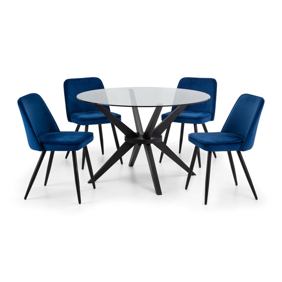 Dining table with five blue chairs on a white background