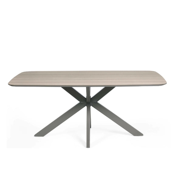 Rectangular table with a light brown top and dark metal legs on a white background
