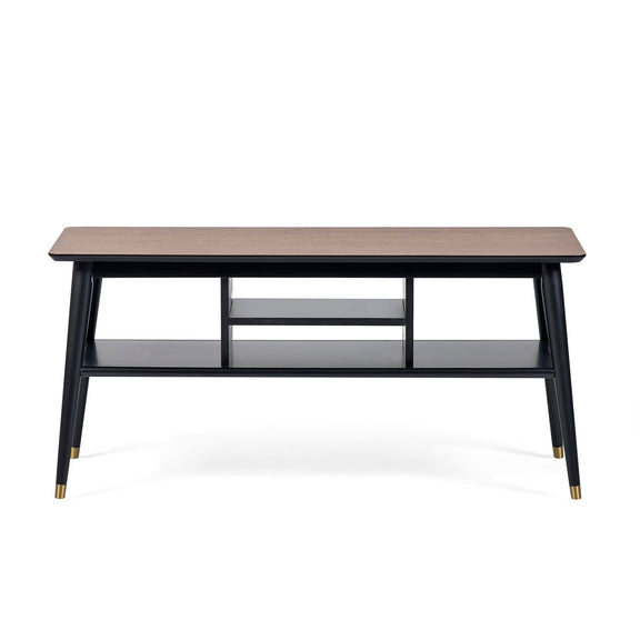 Coffee table with a wooden top and metal frame on a white background