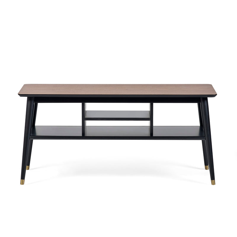 Coffee table with a wooden top and metal frame on a white background