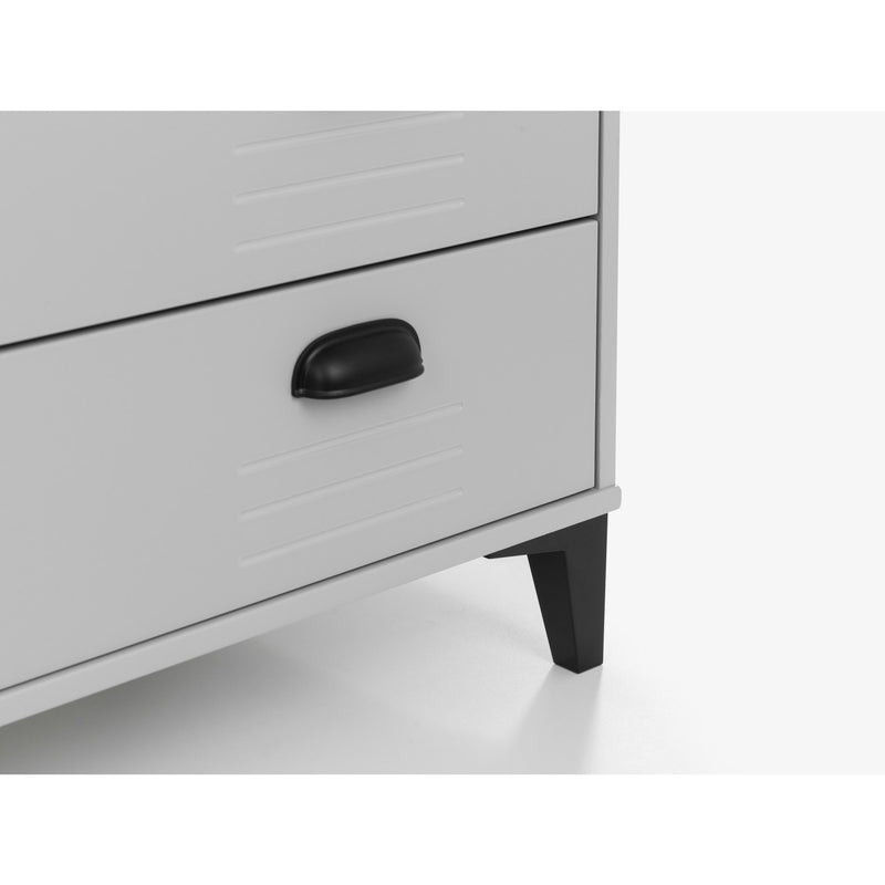 Gray dresser with a black handle on a white background