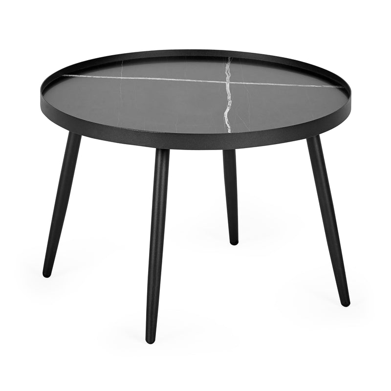 Round black coffee table with a dark glass top on a white background