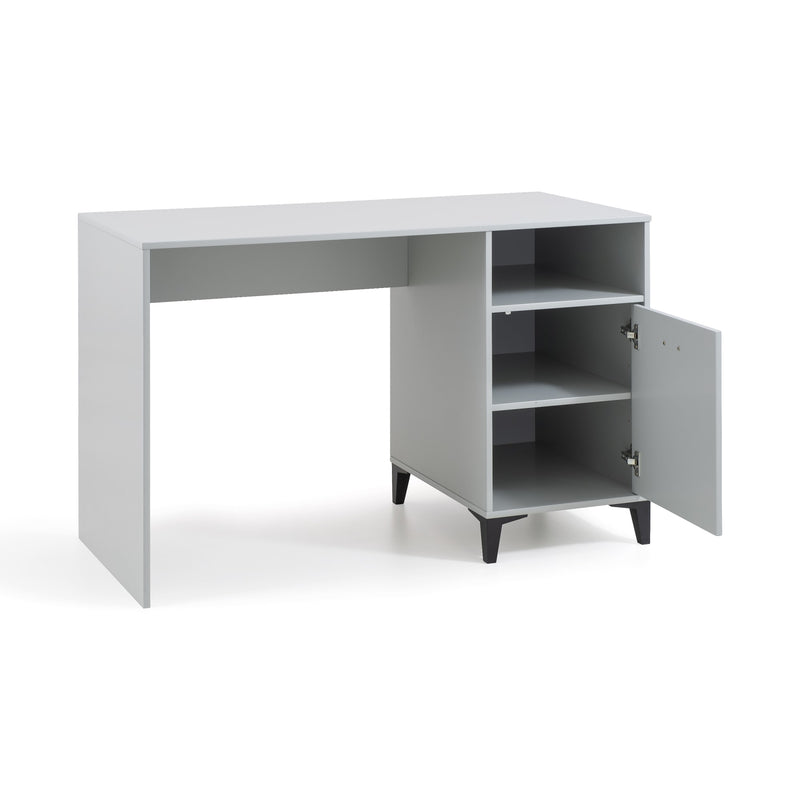 White office desk with an open cabinet on a white background