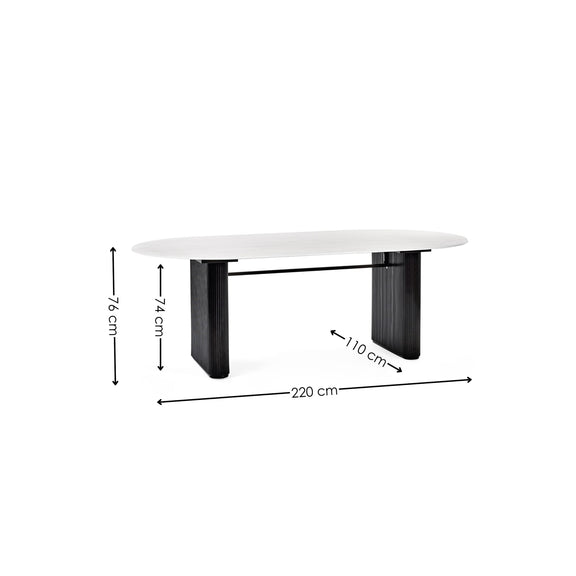 White oval table with dimensions labeled on a white background