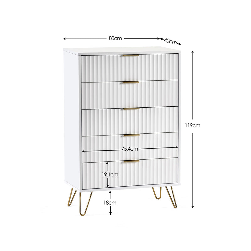 White dresser with gold legs and dimensions labeled on a white background