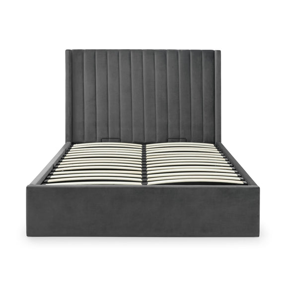 Dark gray upholstered bed frame on a white background
