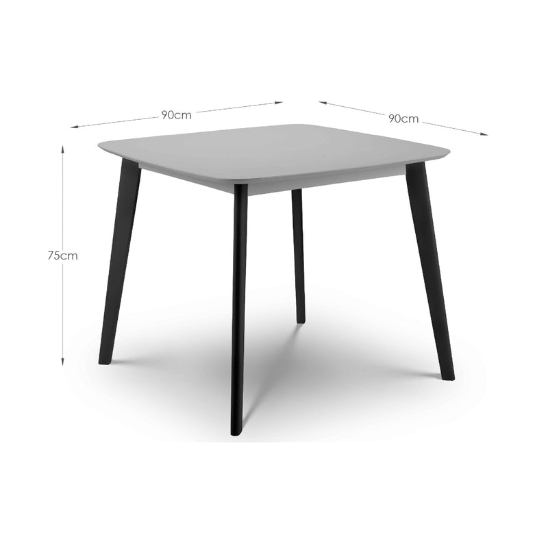 Gray table with black legs and dimensions labeled on a white background