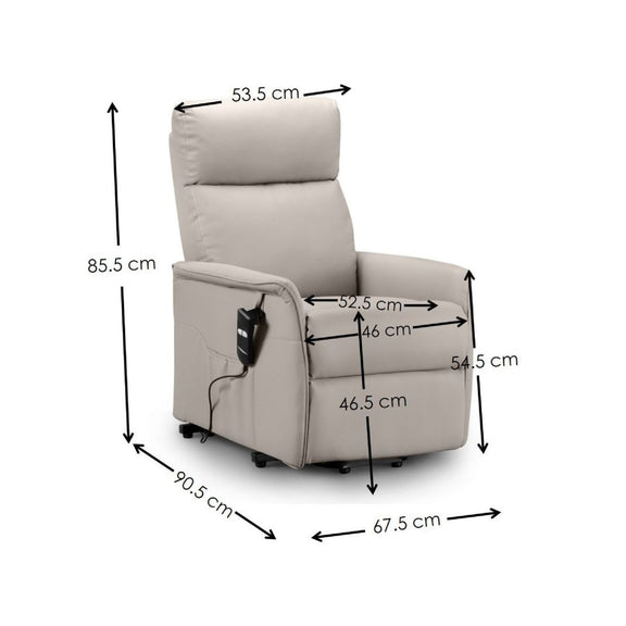 Beige recliner chair with dimensions marked on a white background