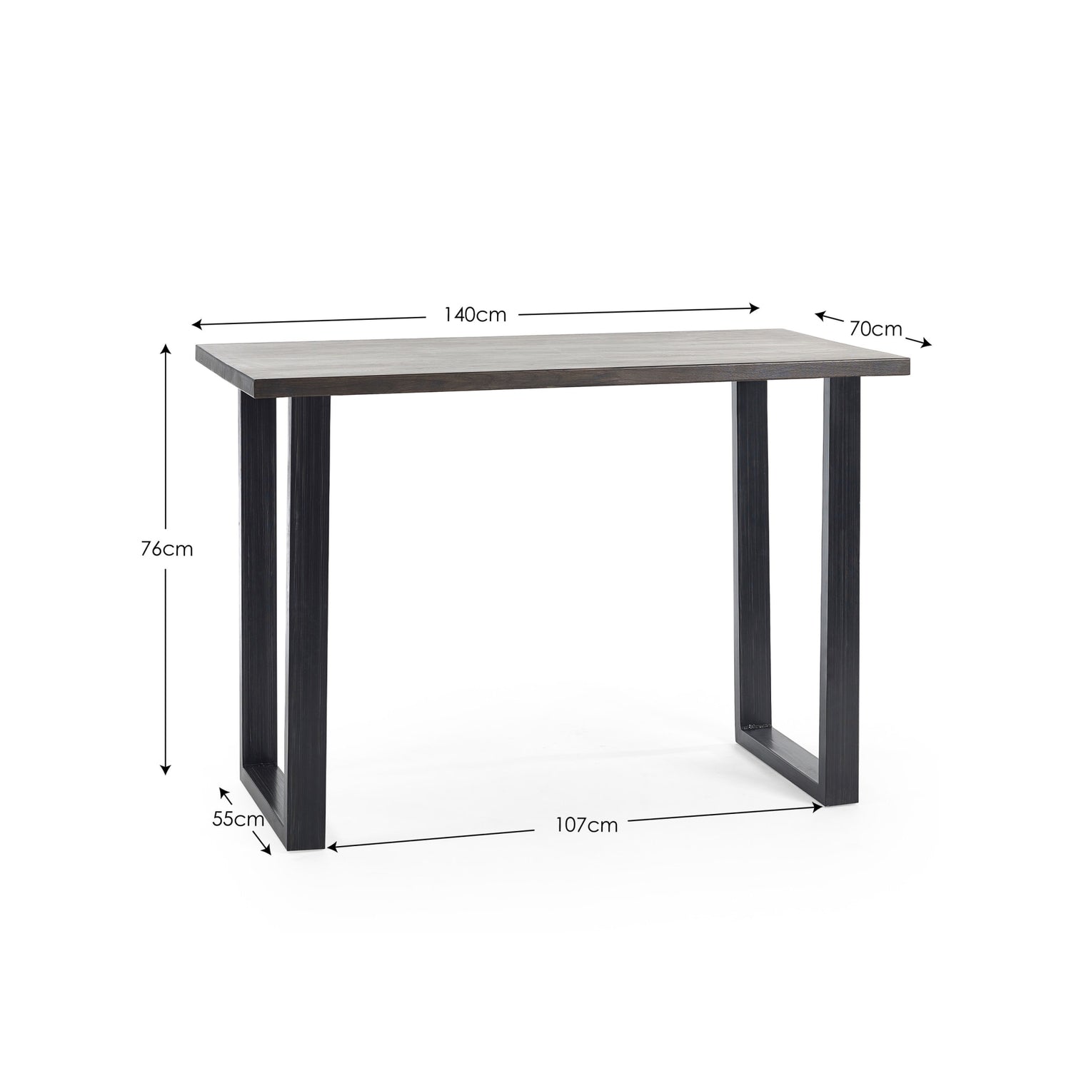 Gray table with dimensions labeled on a white background