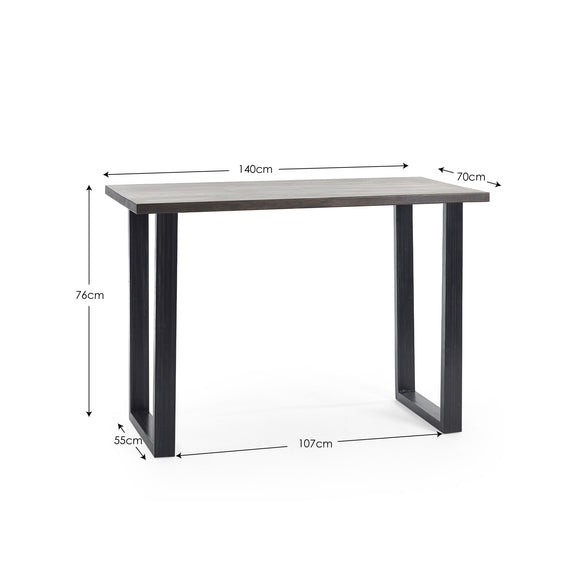 Gray table with dimensions labeled on a white background