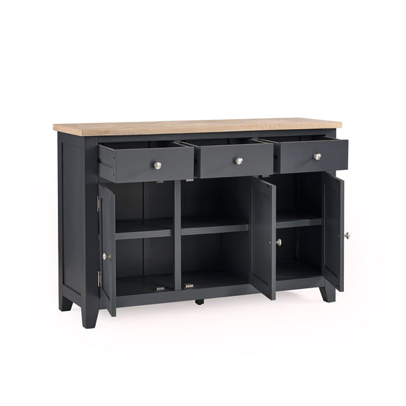 Dark gray sideboard with wooden top on a white background