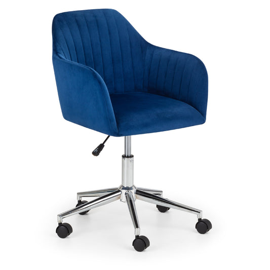 Blue office chair with a chrome base on a white background