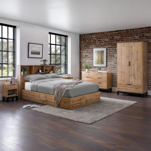 Modern bedroom with wooden furniture against a brick wall