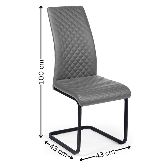 Gray chair with dimensions indicated on a white background