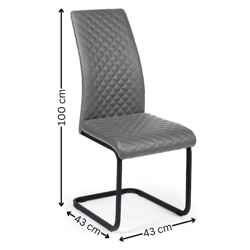 Gray chair with dimensions indicated on a white background