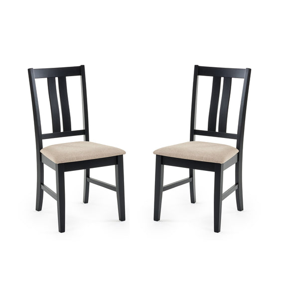 Two black chairs with beige seats on a white background