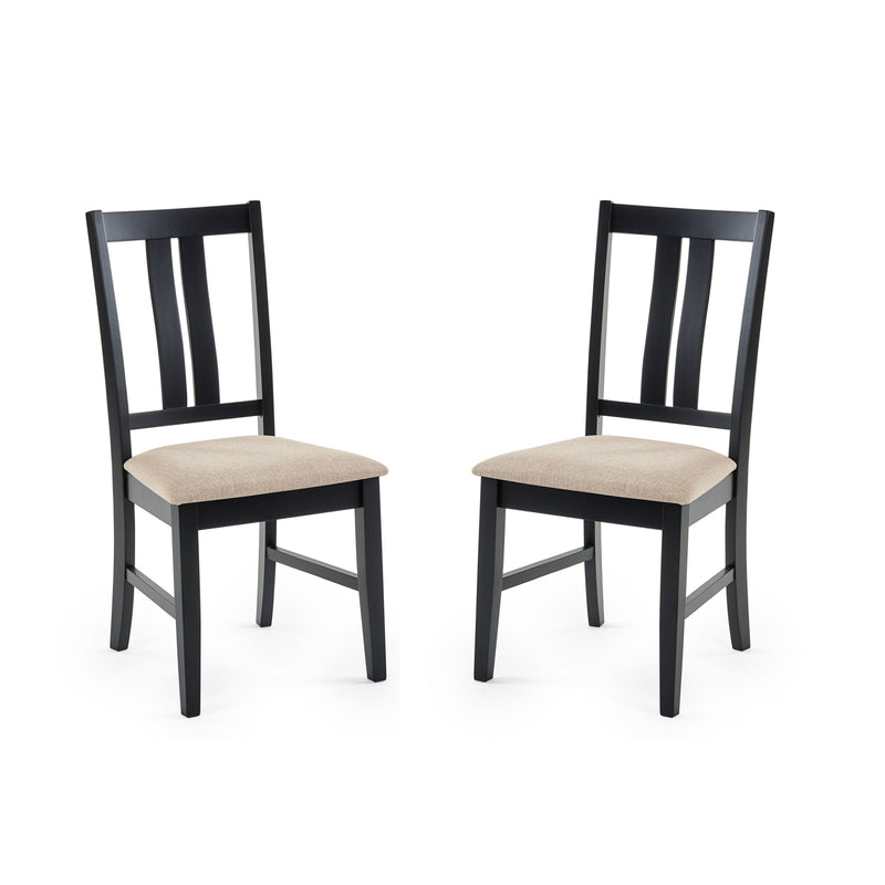 Two black chairs with beige seats on a white background