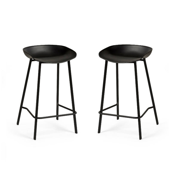 Two black bar stools on a white background