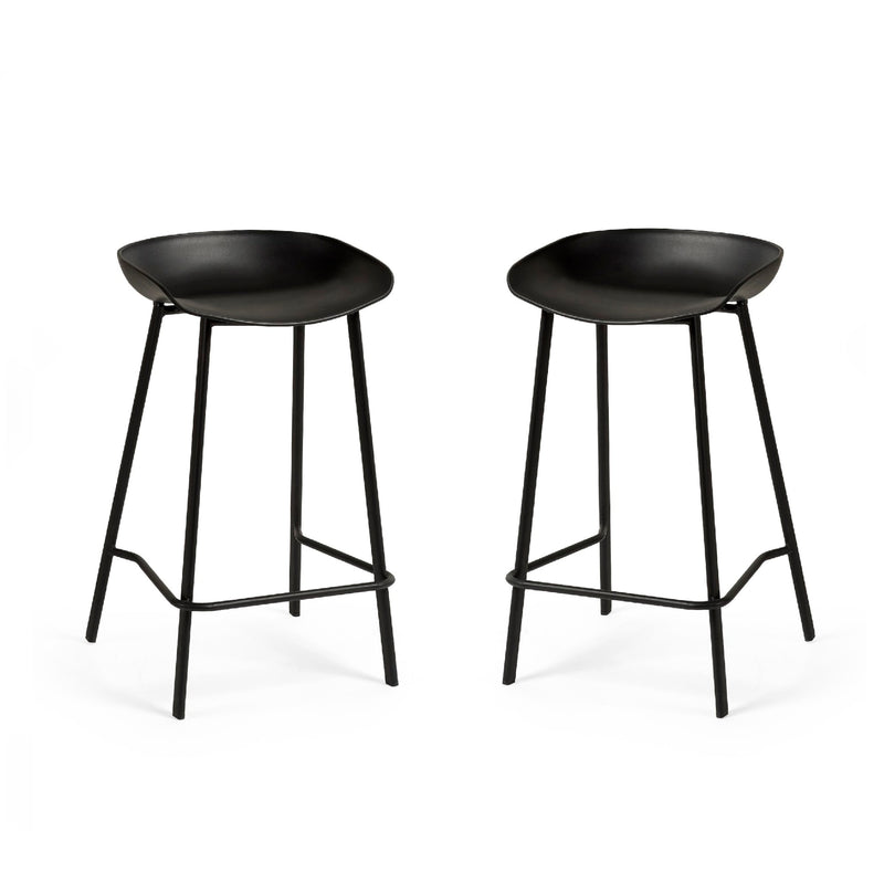 Two black bar stools on a white background