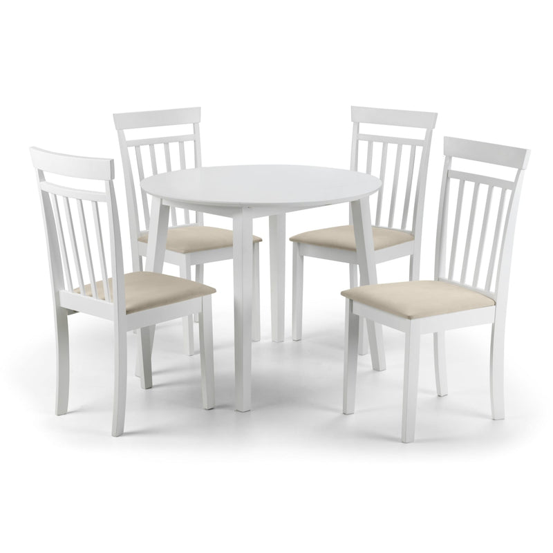 White dining table set with four chairs on a white background