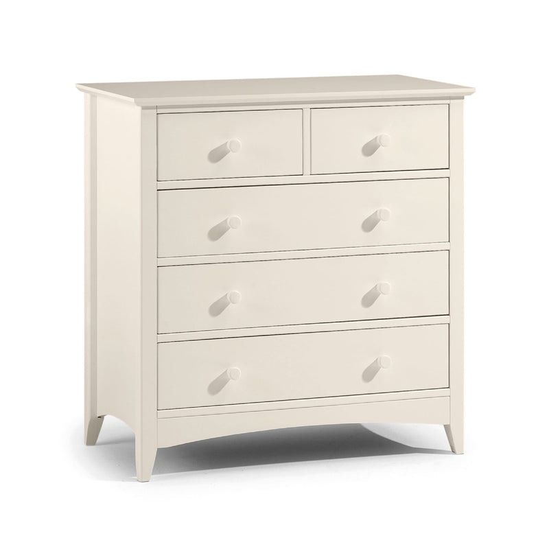 White dresser with four drawers on a white background