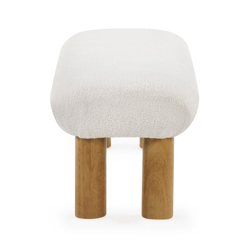 Stool with white cushioned seat and wooden legs on a white background