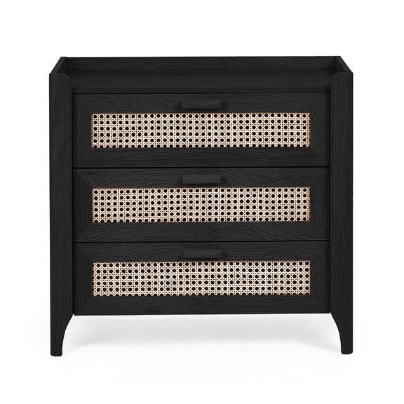 Black three drawer chest with woven rattan drawer fronts