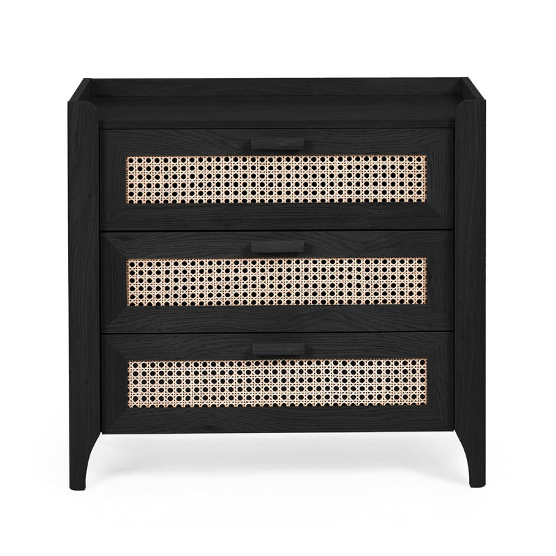 Black three drawer chest with woven rattan drawer fronts