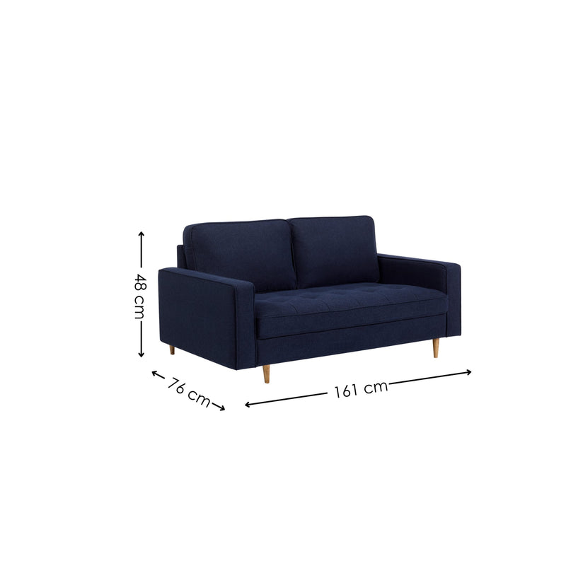 Navy blue sofa with dimensions labeled on a white background