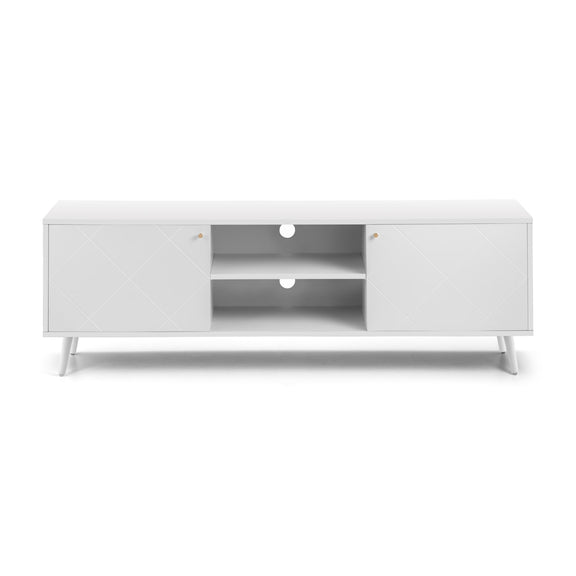 White TV stand with a minimalist design on a white background