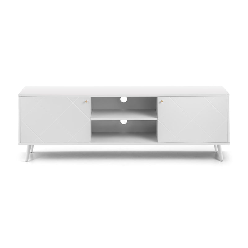White TV stand with a minimalist design on a white background