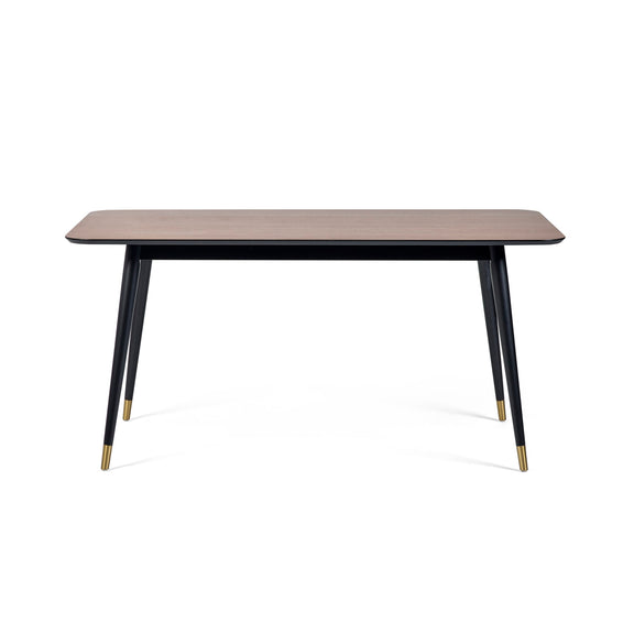 Rectangular table with black legs and gold accents on a white background