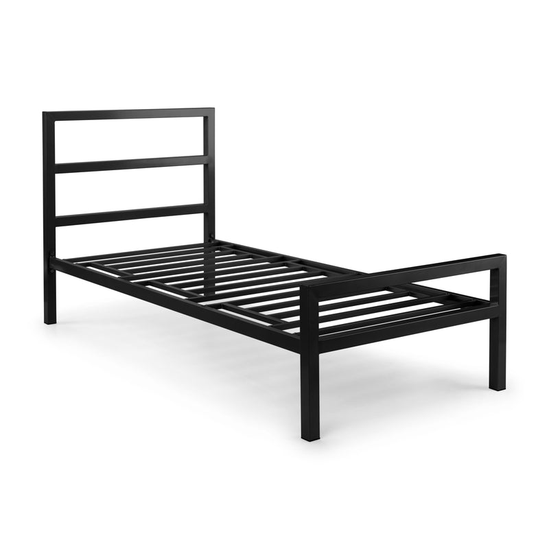 Black metal bed frame on a white background