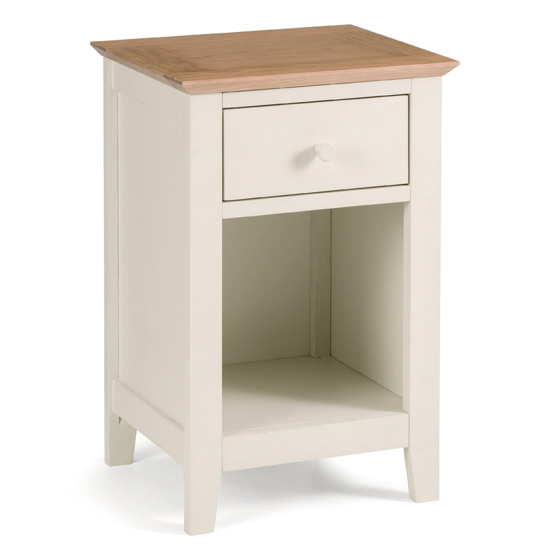 Small wooden side table with a drawer on a white background