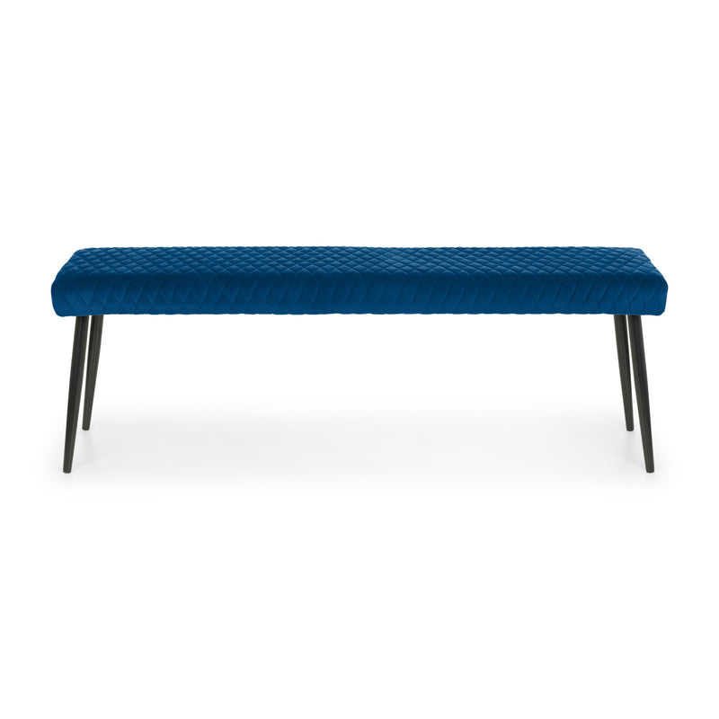 Blue bench with quilted design on a white background