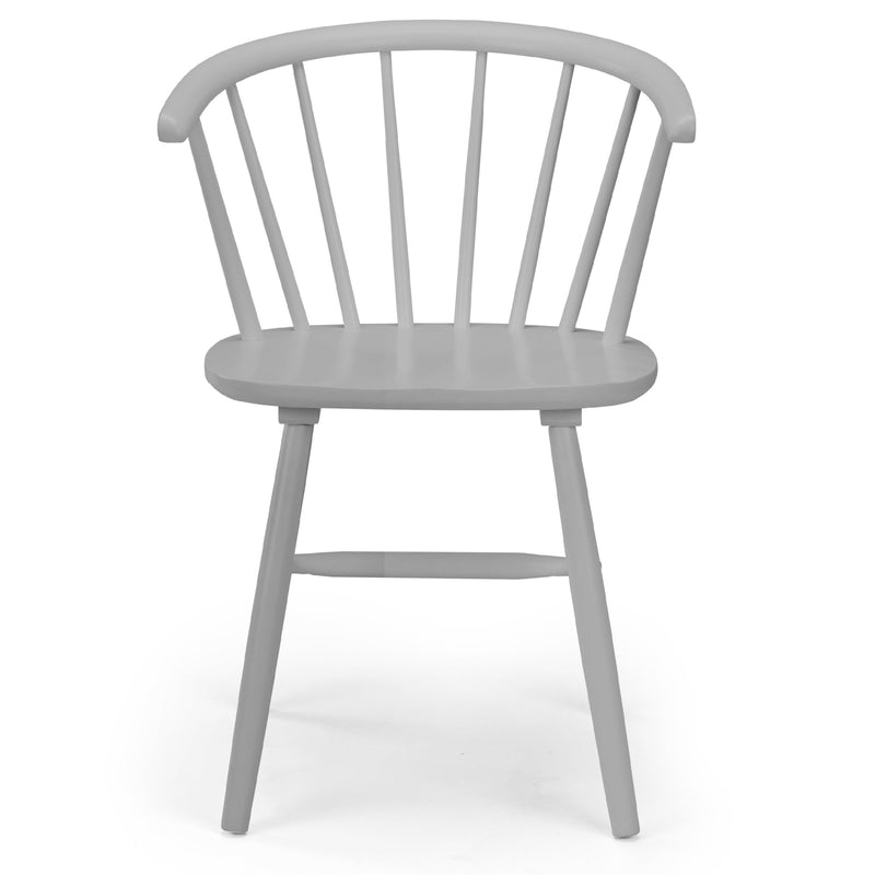 Gray chair with a spindle back design on a white background