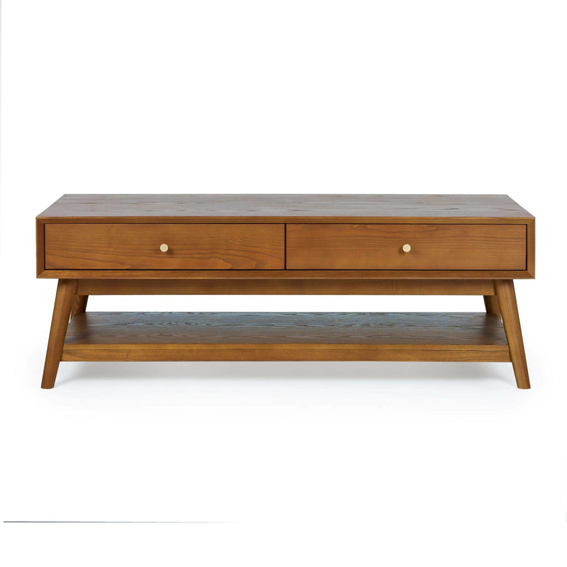 Wooden coffee table with two drawers on a white background