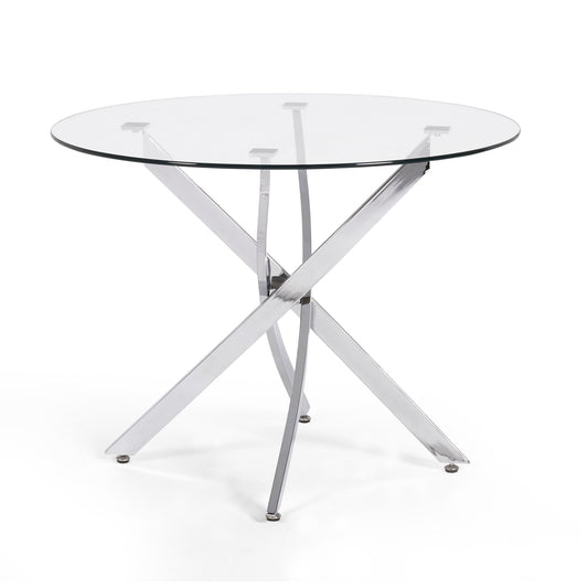 Round glass table with metal legs on a white background