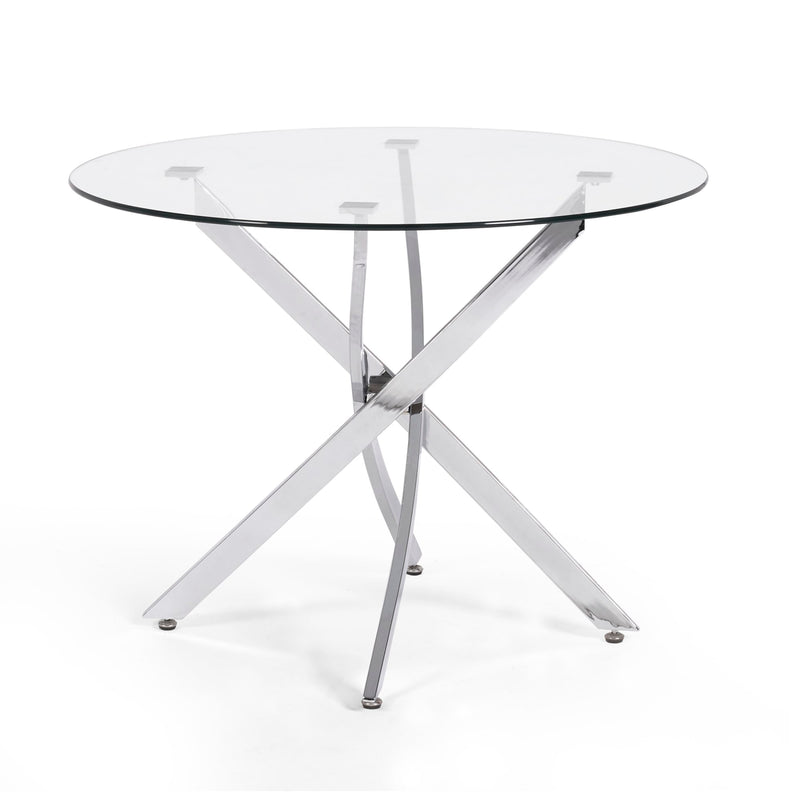 Round glass table with metal legs on a white background